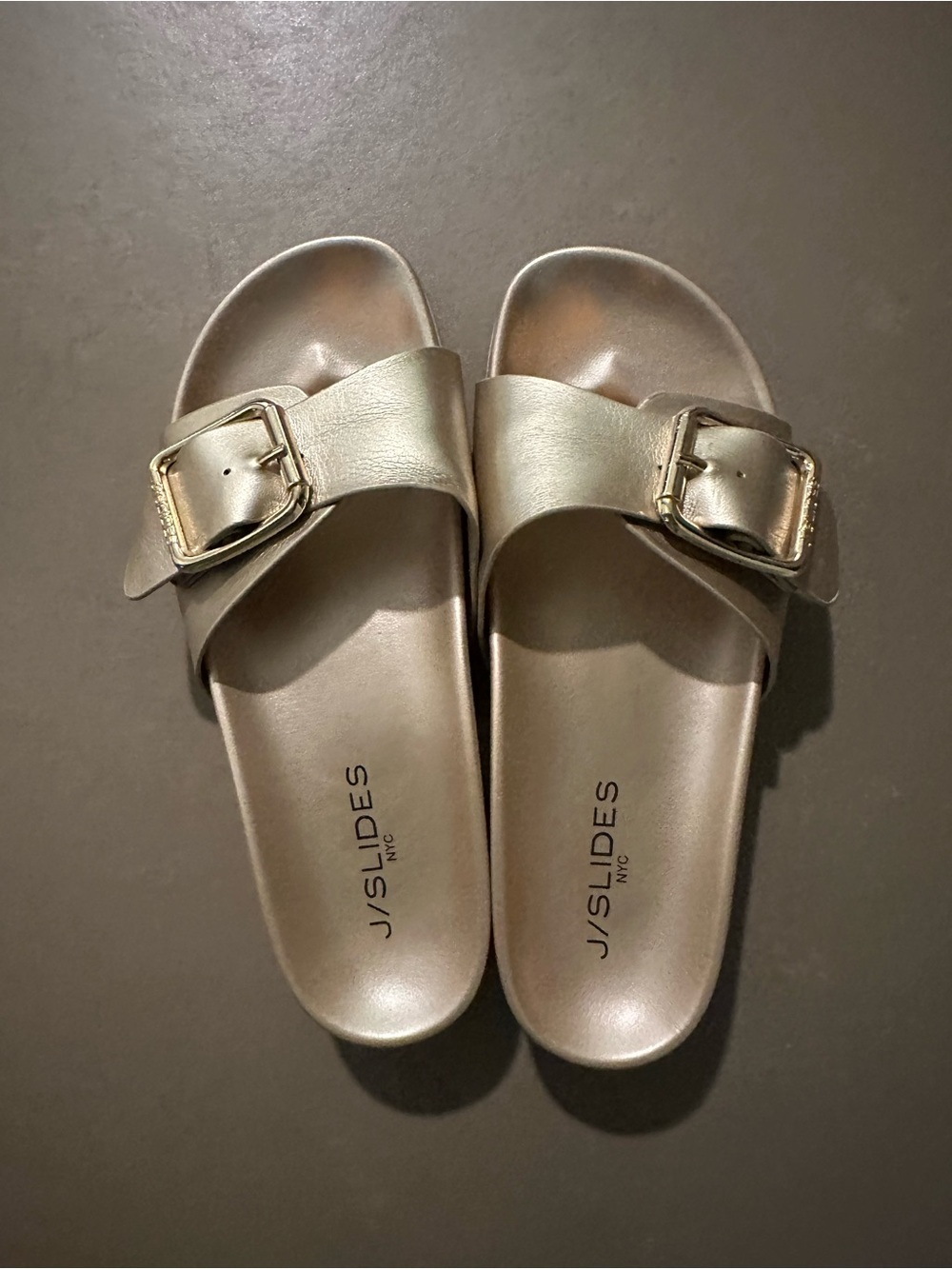 J/SLIDES Metallic Gold Buckle Slide Sandals